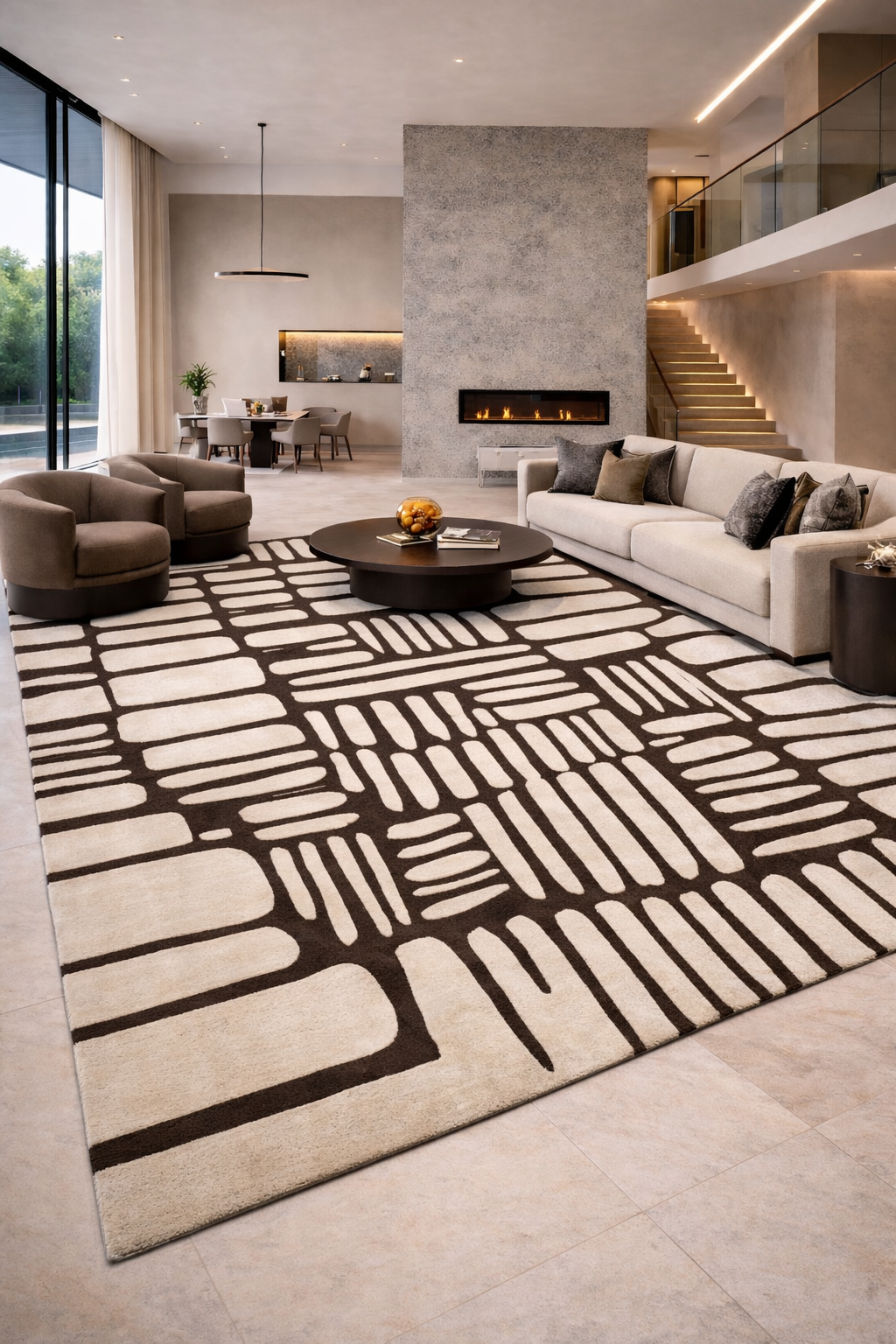 Handgetufter moderner Design-Teppich mit abstraktem Blockmuster – Creme & Dunkelbraun
