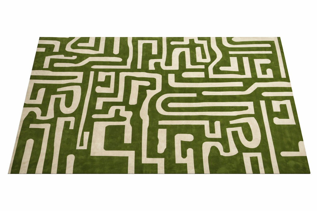 Hand-Tufted Modern Labyrinth Design Rug - Olive Green & Cream