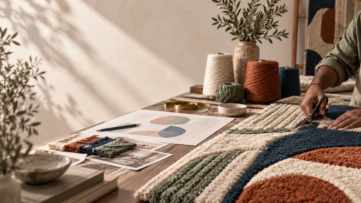 Illustrative workshop scene with a rug sketch, yarns and rug pile being sculpted