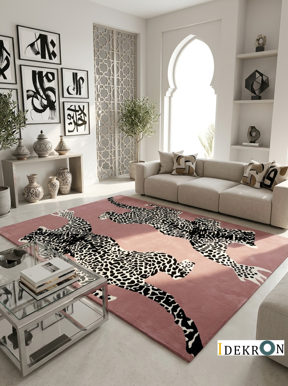 Handgetufter Design-Teppich mit wildem Leoparden-Motiv in Altrosa & Schwarz-Weiß