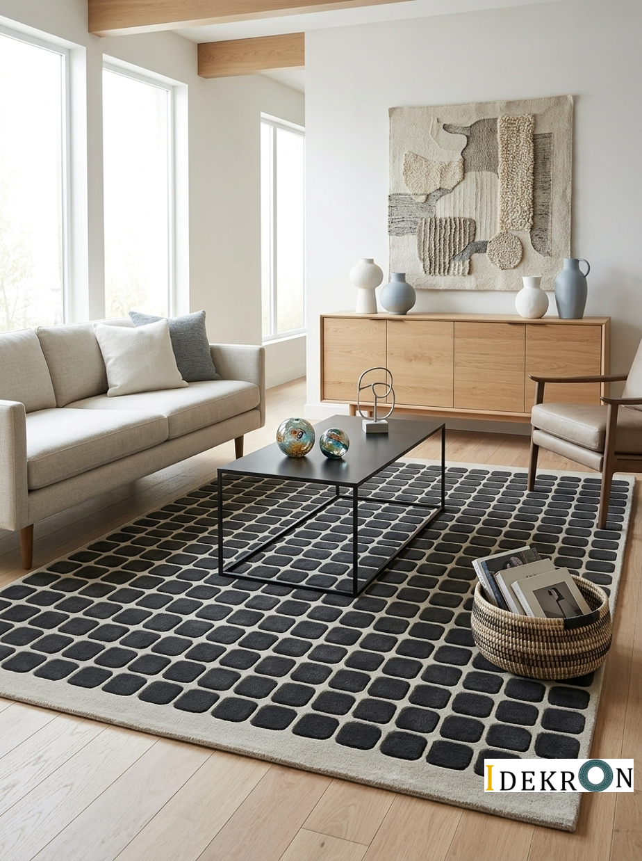 Handgetufter moderner Design-Teppich mit grafischem Kachelmuster – Dunkelbraun & Salbeigrün