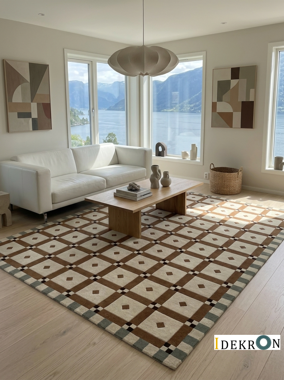 Handgetufter Design-Teppich mit geometrischem Rauten-Muster in warmem Braun & Naturweiß