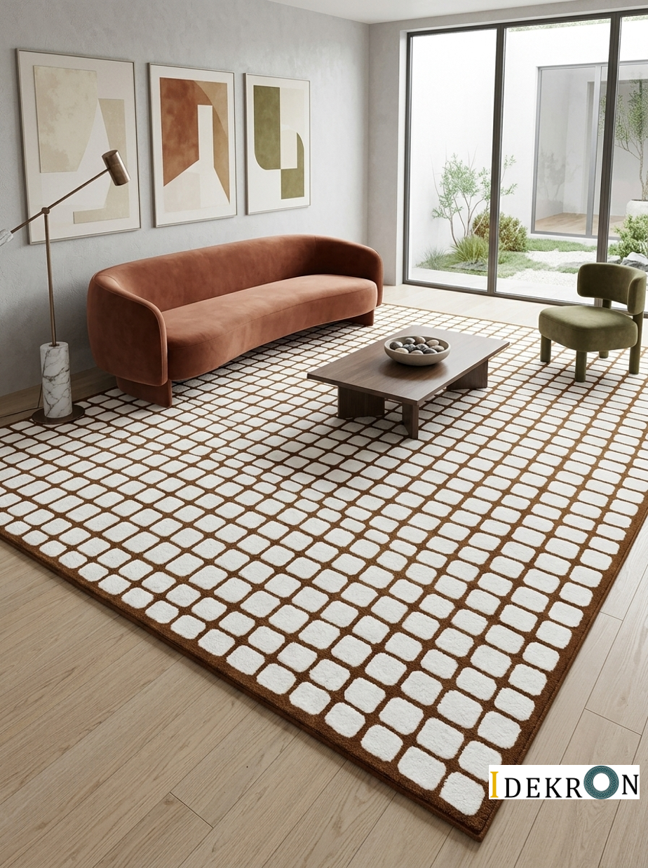 Handgetufter moderner Design-Teppich mit geometrischem Gittermuster – Erdbraun & Cremeweiß