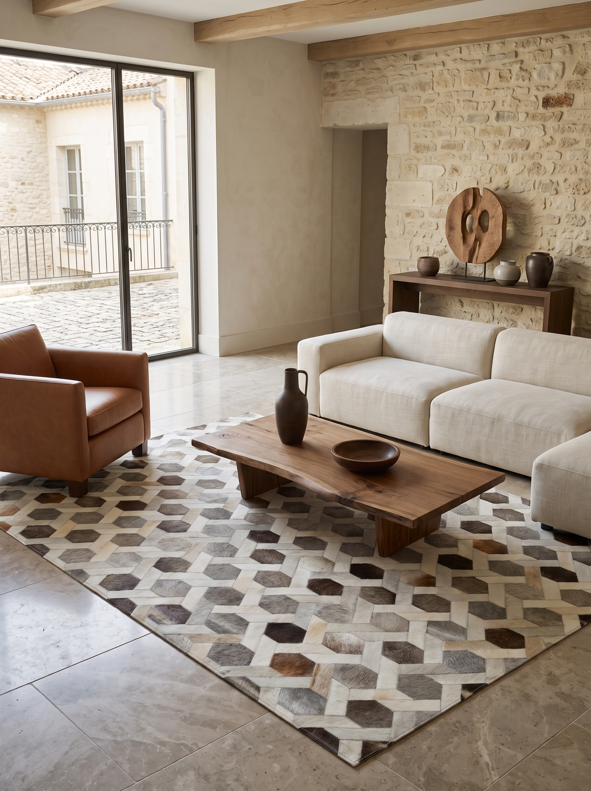 Geometric Cube Weave Patchwork Leather Rug