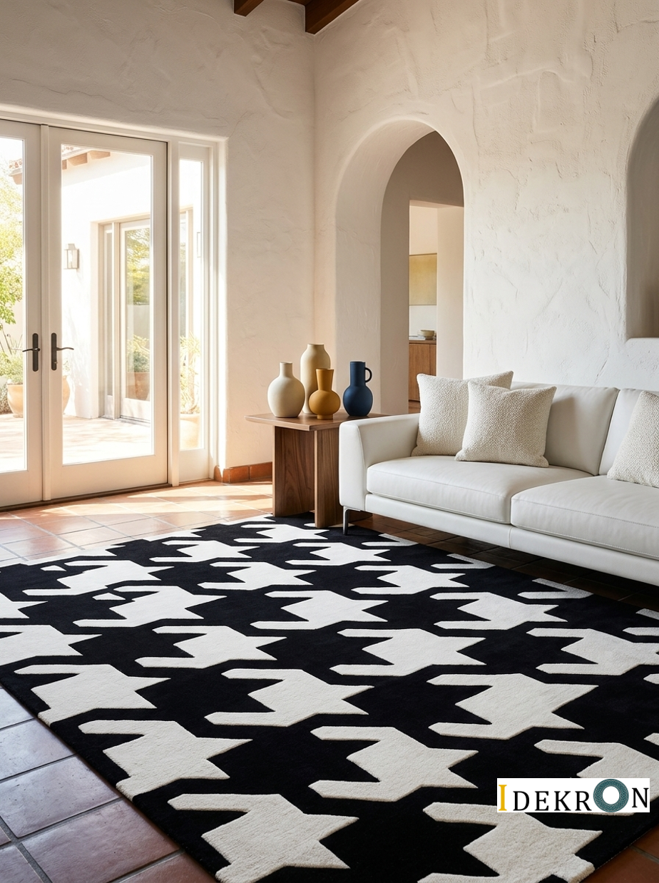Handgetufter moderner Design-Teppich mit großem Hahnentritt-Muster – Schwarz & Cremeweiß