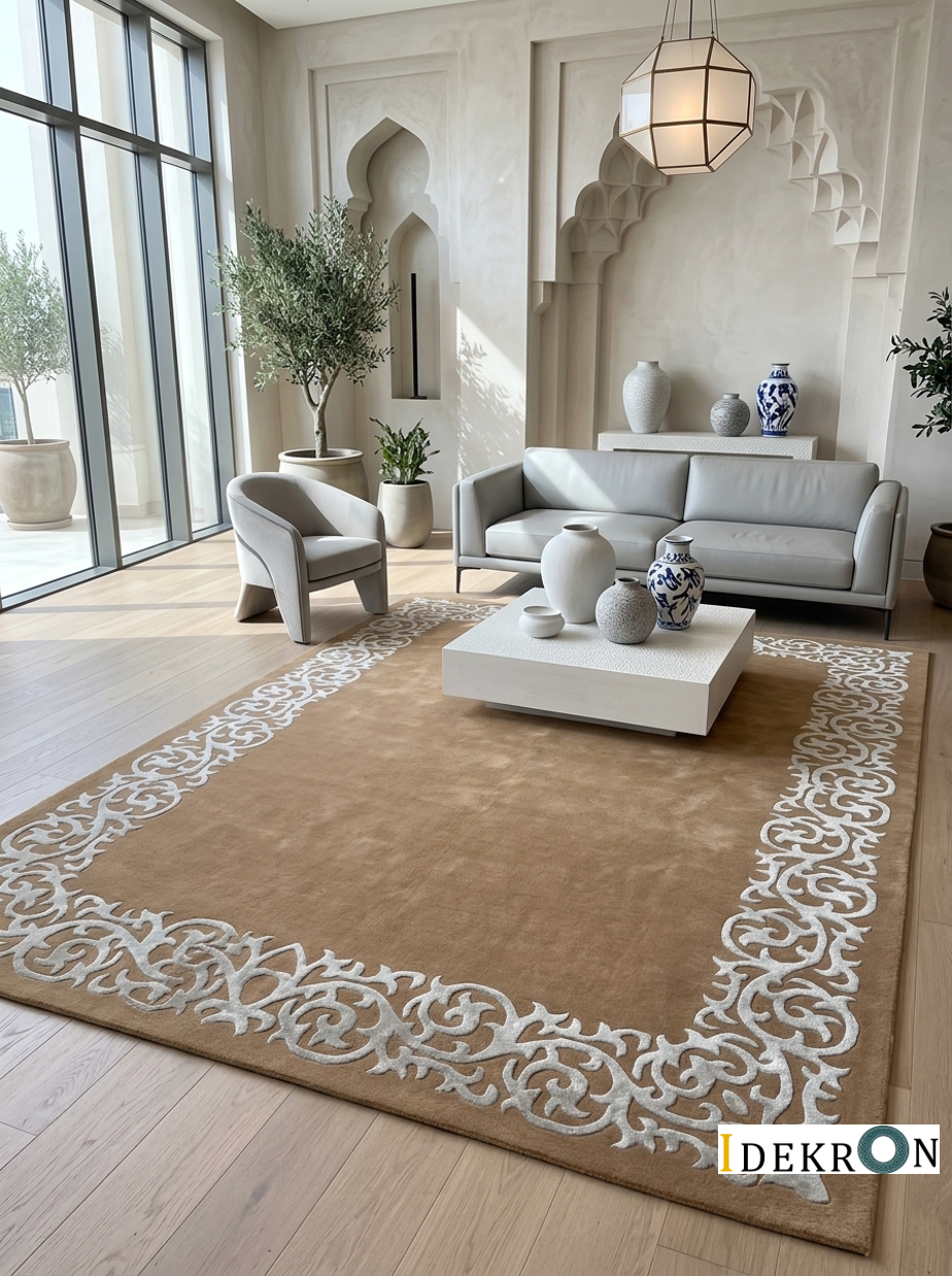 Handgetufter eleganter Design-Teppich mit ornamentaler Barock-Bordüre – Hellbraun & Silberweiß