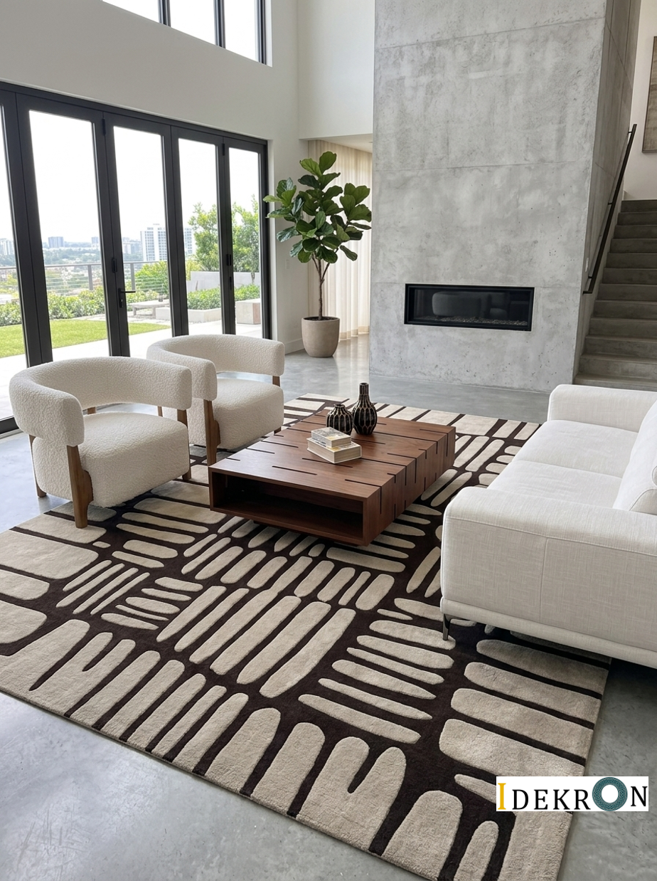 Handgetufter moderner Design-Teppich mit abstraktem Blockmuster – Creme & Dunkelbraun