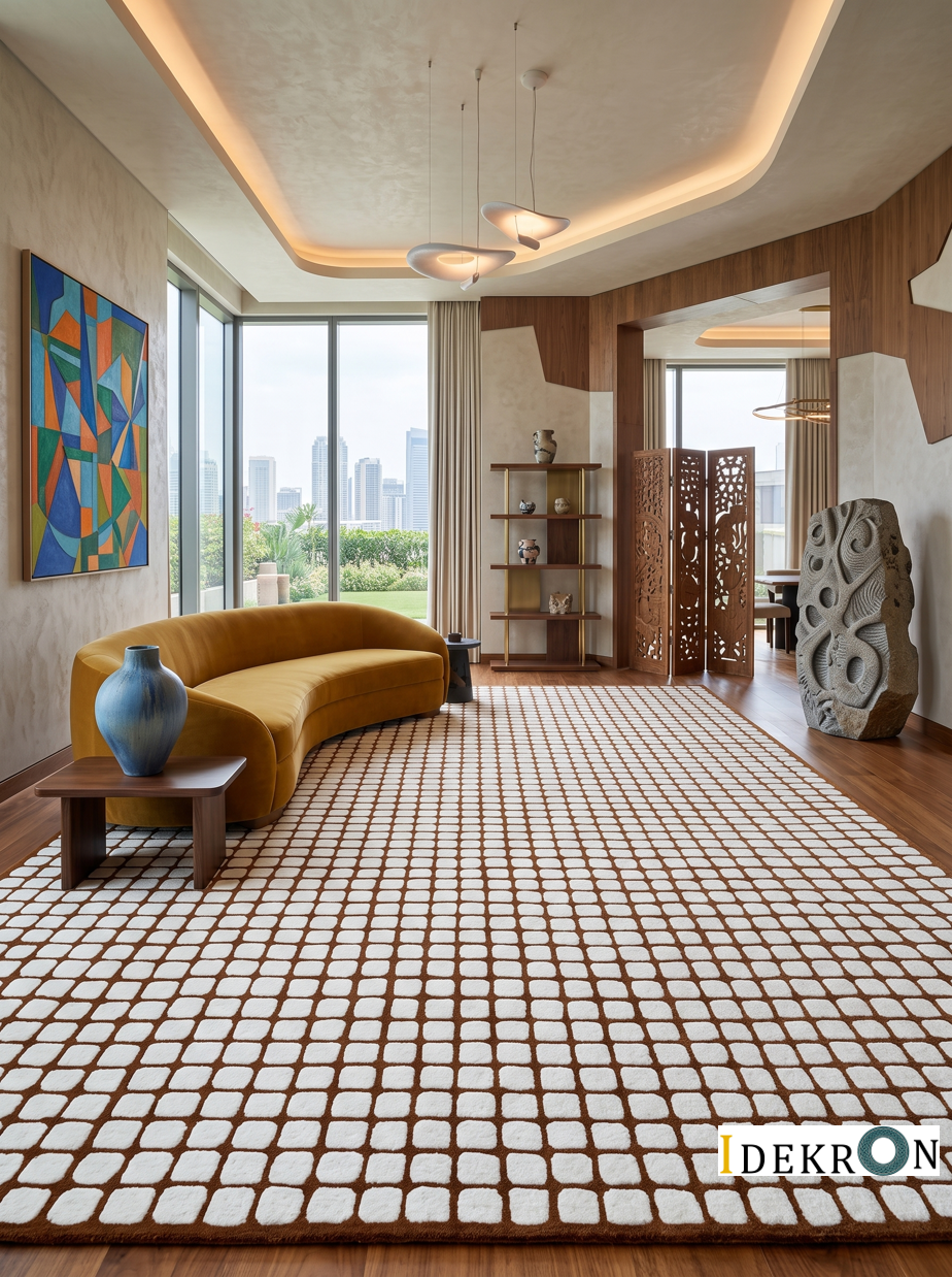 Tapis design moderne tufté main à motif géométrique quadrillé – Brun terre et Blanc crème