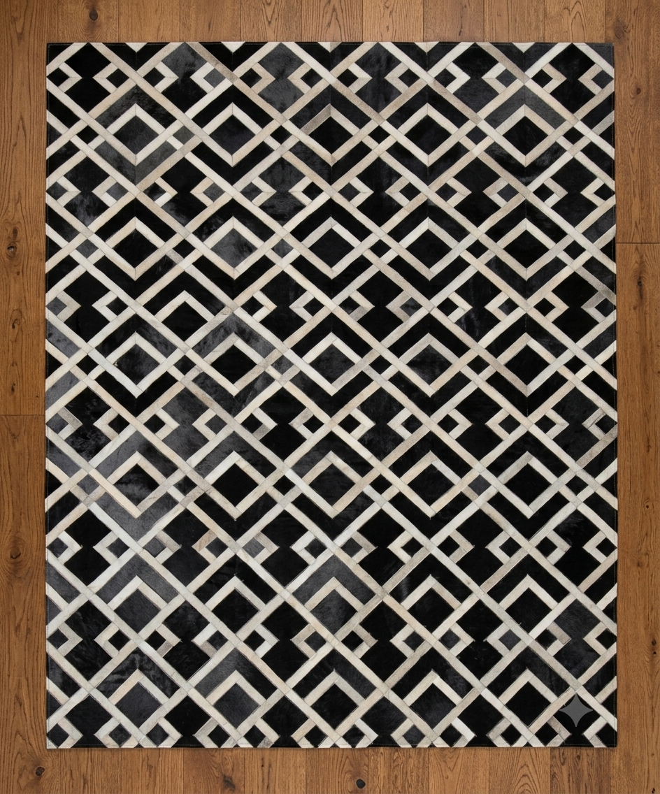 Geometrischer Rauten-Patchwork-Lederteppich in Schwarz-Weiß