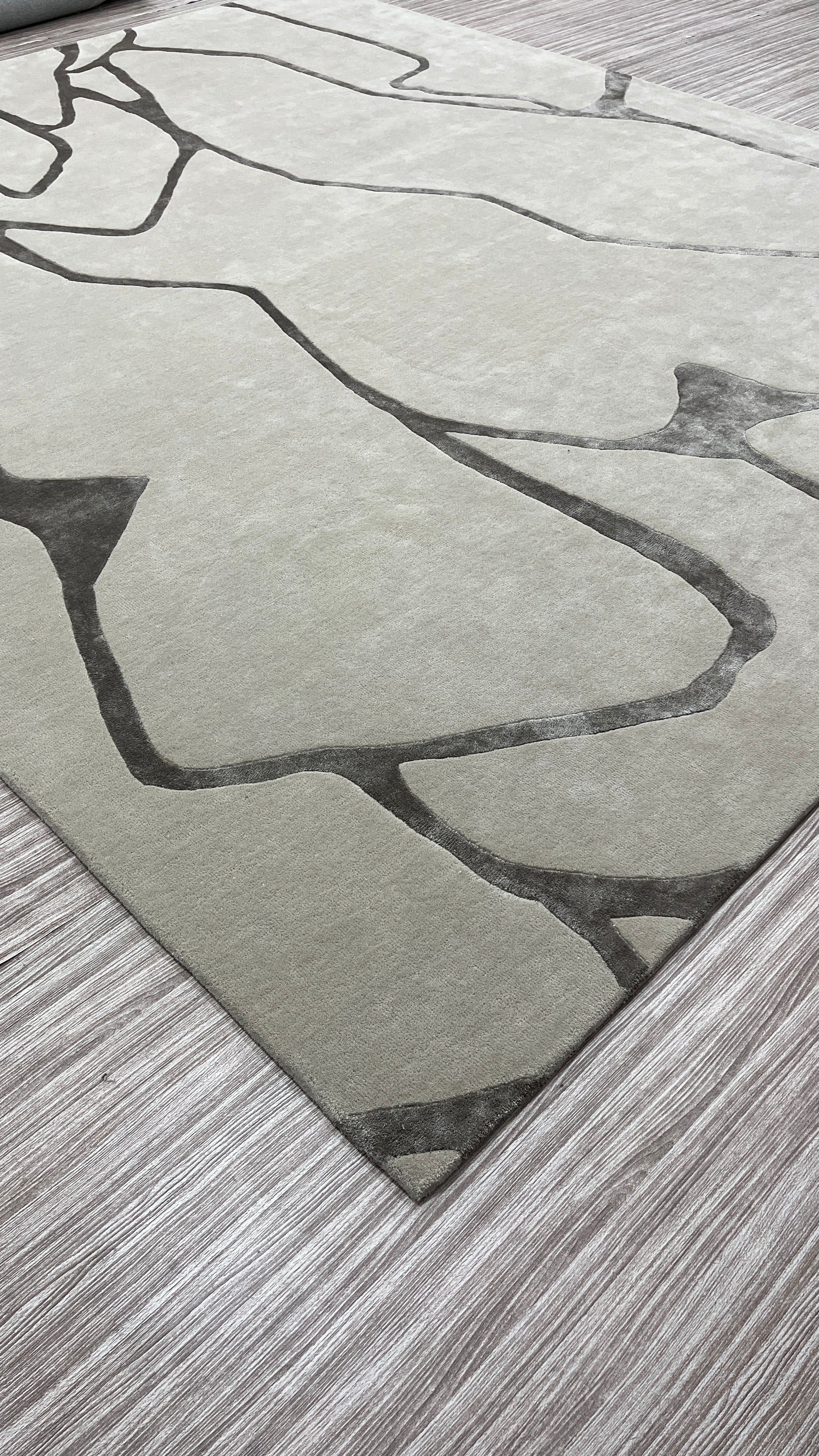 Handgetufter moderner Design-Teppich mit abstraktem, organischem Linienmuster – Steingrau & Anthrazit