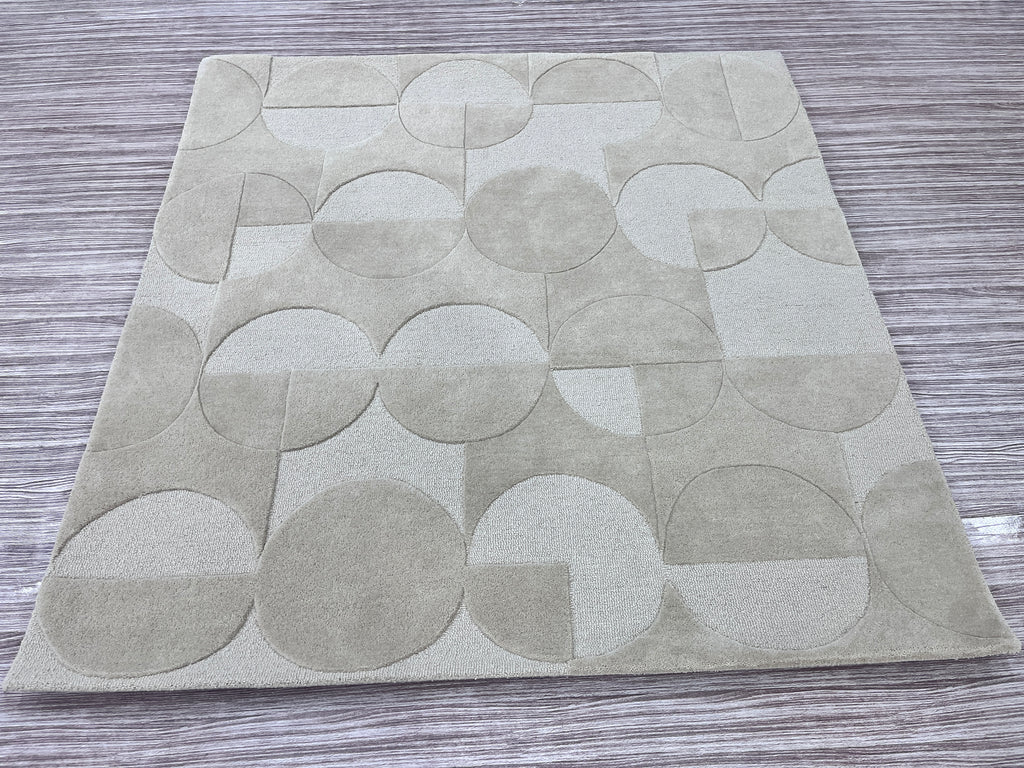 Handgetufter moderner Design-Teppich mit geometrischem Kreis-Reliefmuster – Steingrau & Greige