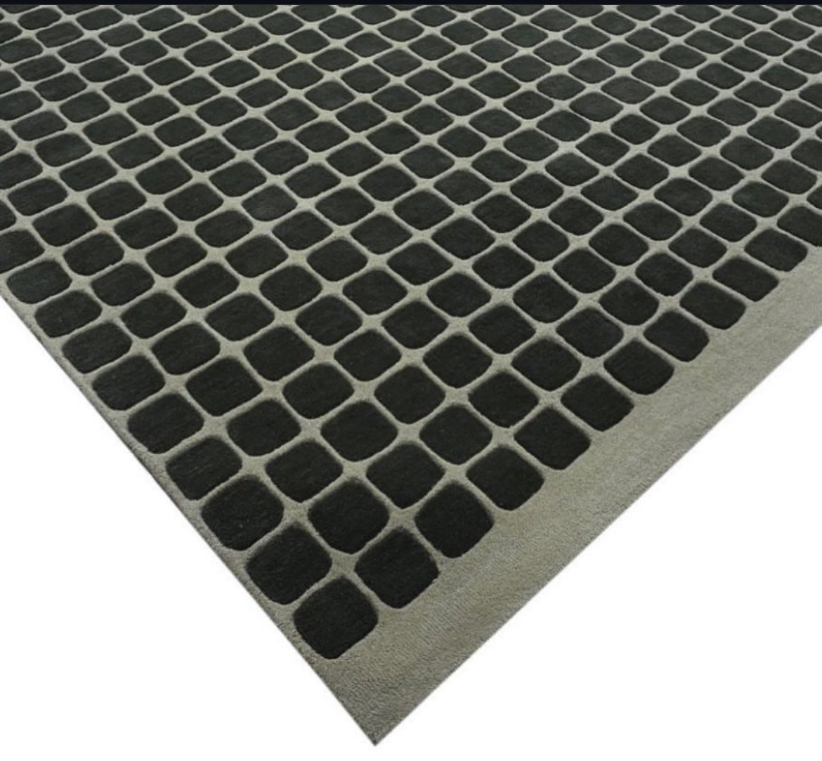 Handgetufter moderner Design-Teppich mit grafischem Kachelmuster – Dunkelbraun & Salbeigrün