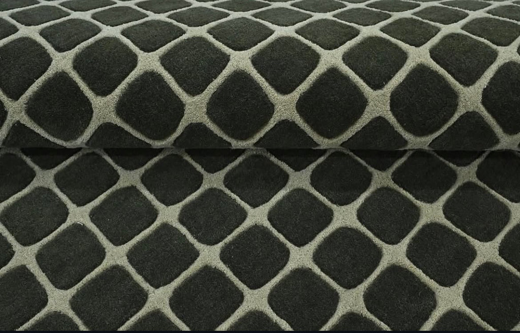 Handgetufter moderner Design-Teppich mit grafischem Kachelmuster – Dunkelbraun & Salbeigrün