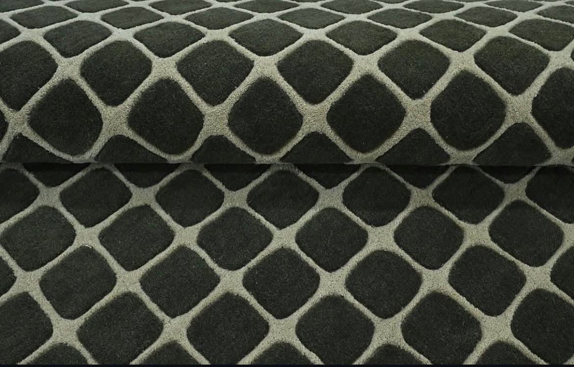 Handgetufter moderner Design-Teppich mit grafischem Kachelmuster – Dunkelbraun & Salbeigrün