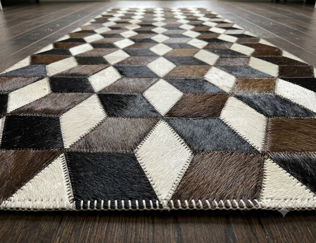 Geometrischer 3D-Würfel Patchwork-Lederteppich in Erdtönen
