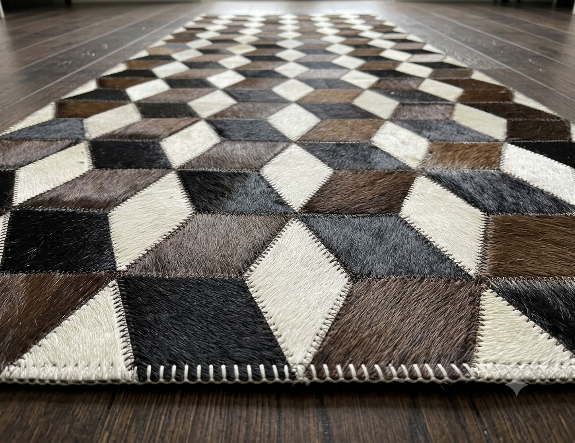 Geometrischer 3D-Würfel Patchwork-Lederteppich in Erdtönen