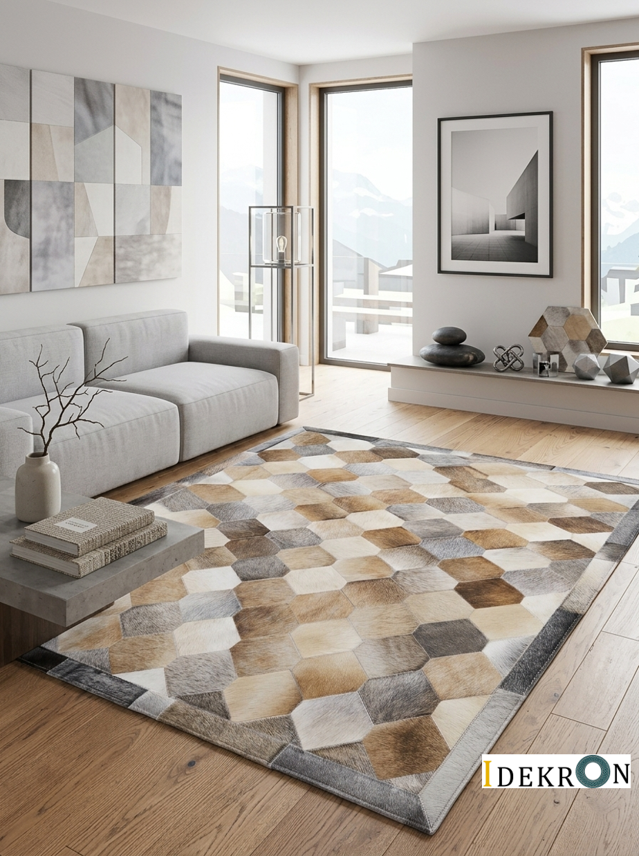 Wabenmuster Patchwork-Lederteppich in hellen Naturtönen