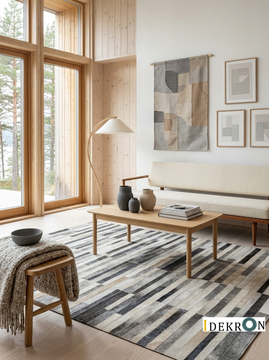 Gestreifter Patchwork-Lederteppich in Grau- und Beigetönen