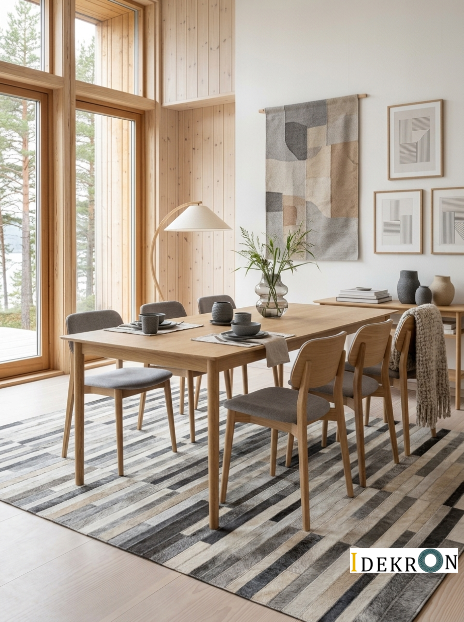Gestreifter Patchwork-Lederteppich in Grau- und Beigetönen