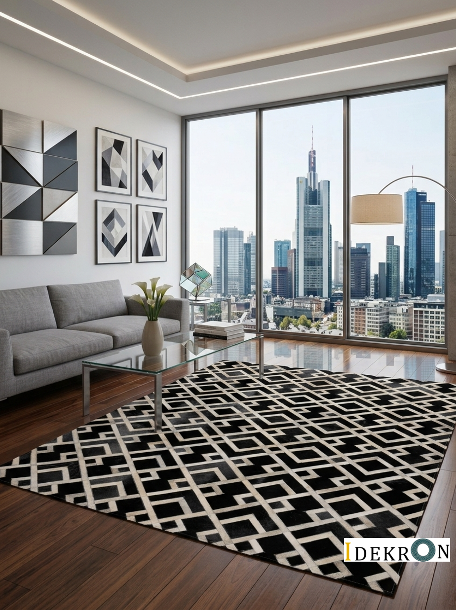 Geometrischer Rauten-Patchwork-Lederteppich in Schwarz-Weiß