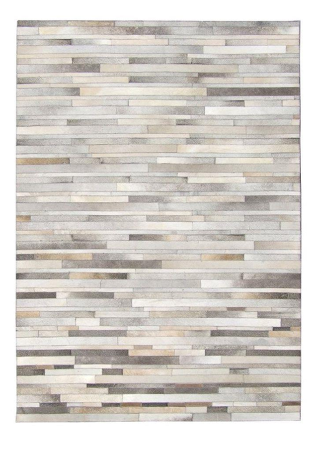 Gestreifter Patchwork-Lederteppich in Grau- und Beigetönen