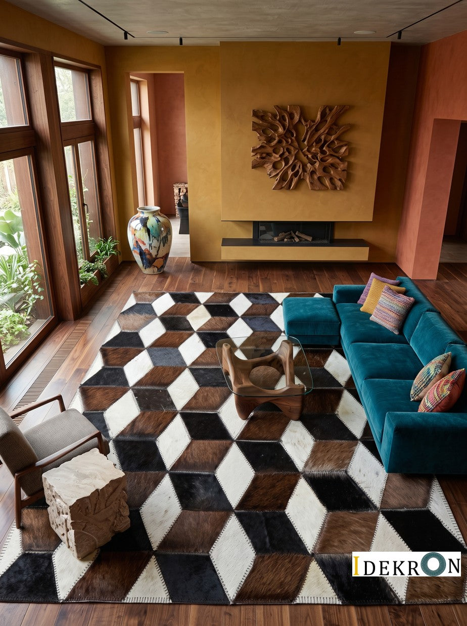Geometrischer 3D-Würfel Patchwork-Lederteppich in Erdtönen