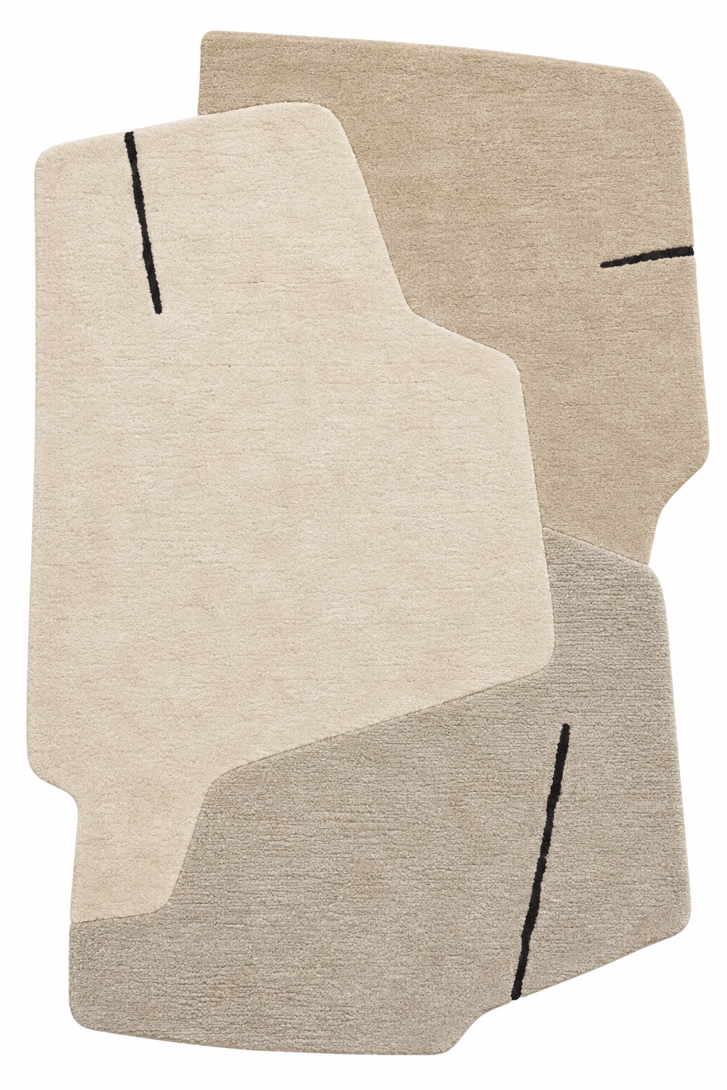 Basel Paper Memory in der Draufsicht: Wollteppich in freier Form in Pergament, Haferbeige, helles Steingrau und Schwarz.
