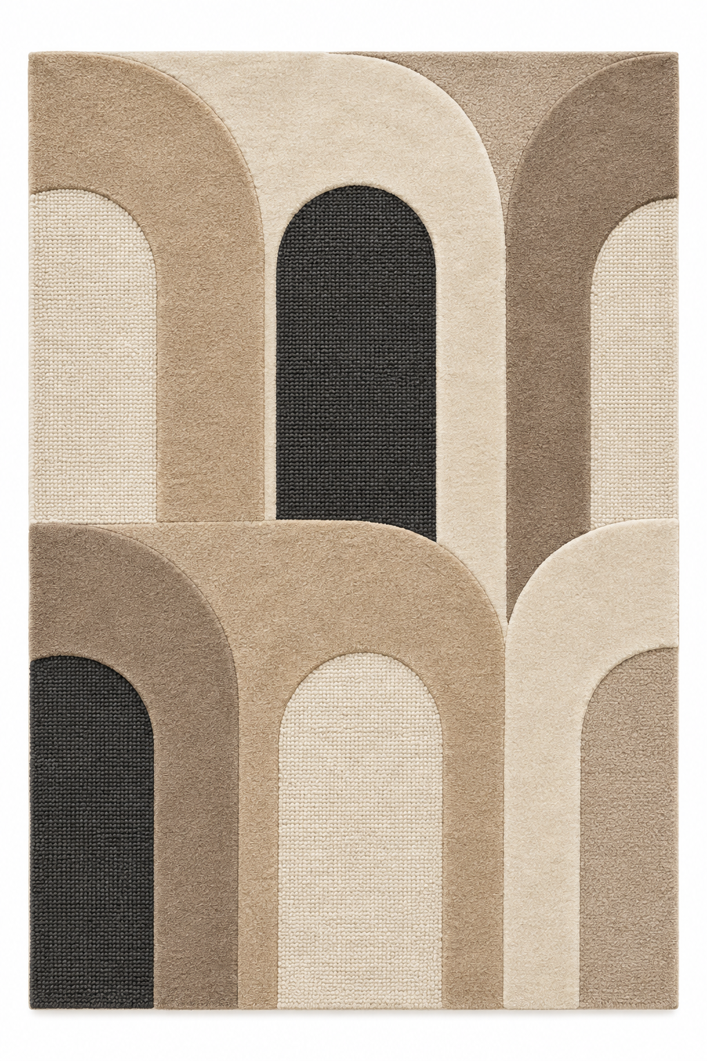 Bern Arcade Rhythm in der Draufsicht: rechteckiger Wollteppich in Sandsteinbeige, Elfenbein, Taupe und Anthrazit.