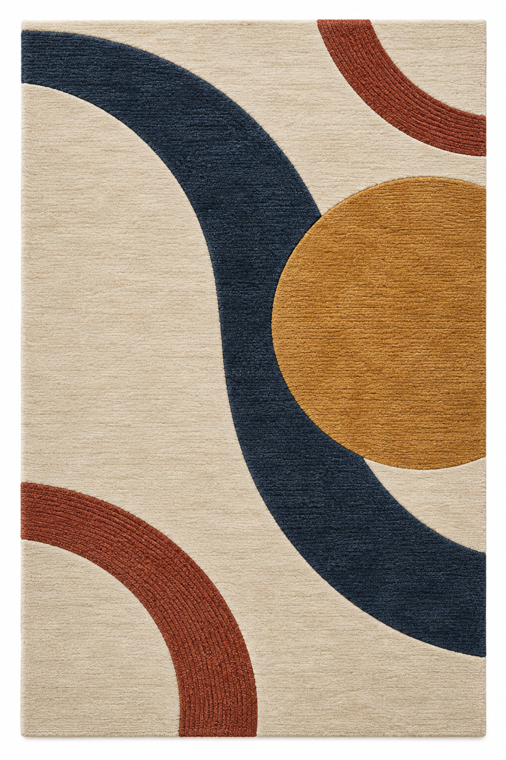 Bern Hours in Orbit in der Draufsicht: rechteckiger Wollteppich in Elfenbein, Nachtblau, gedecktes Goldgelb und Terrakotta.