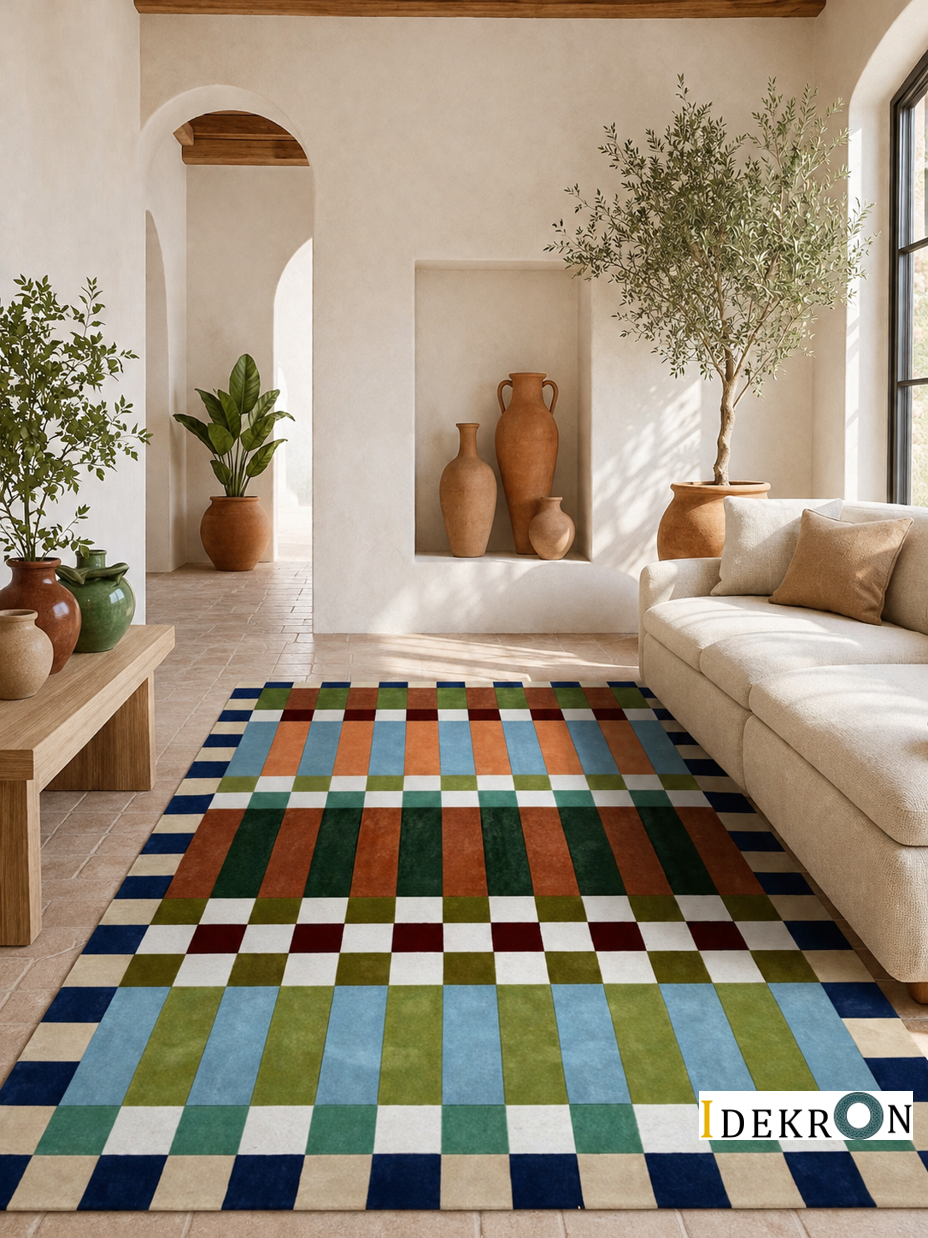 Handgetufter moderner Design-Teppich im Bauhaus-Stil mit geometrischem Colour-Blocking – Multikolor