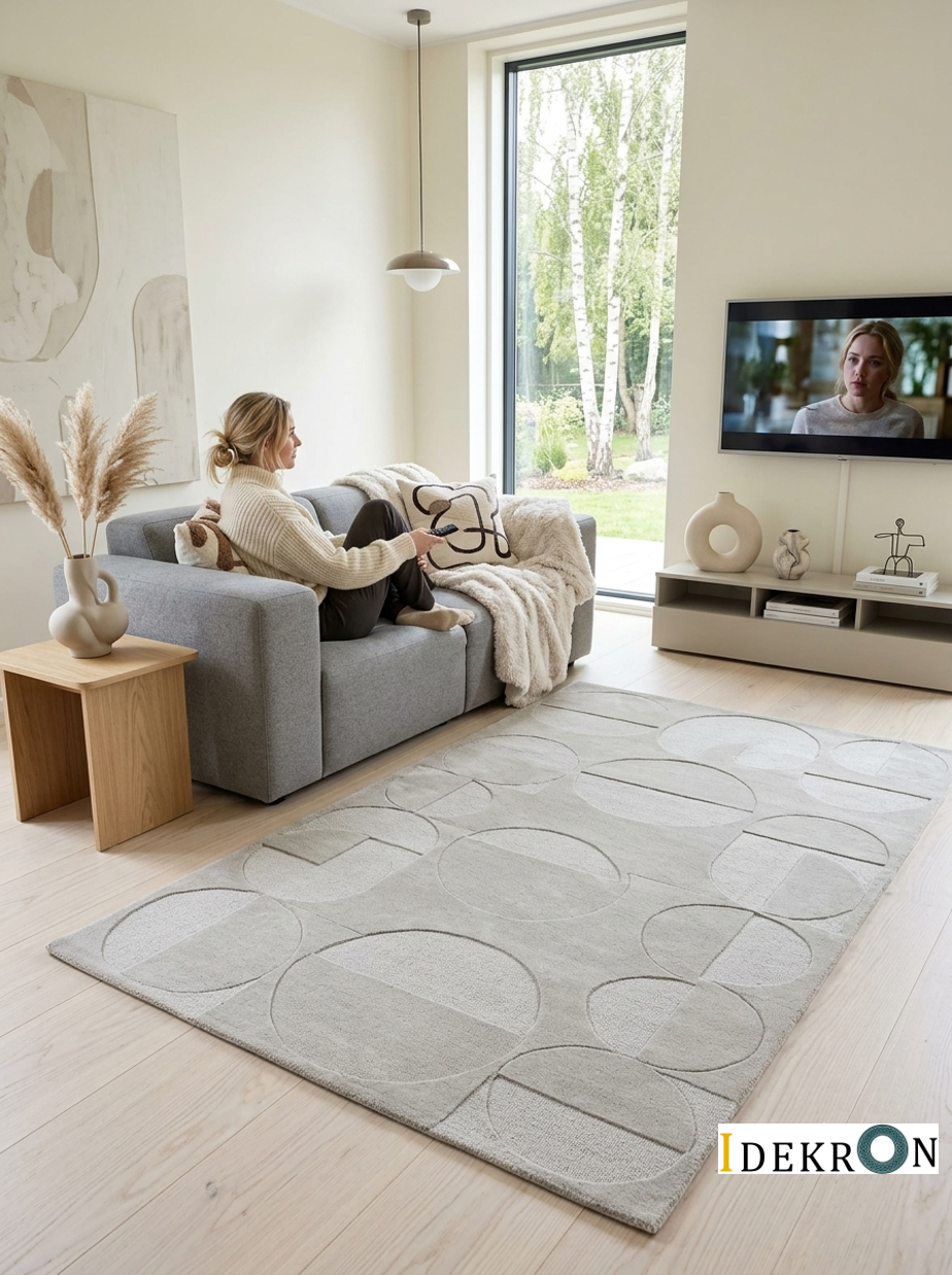 Handgetufter moderner Design-Teppich mit geometrischem Kreis-Reliefmuster – Steingrau & Greige
