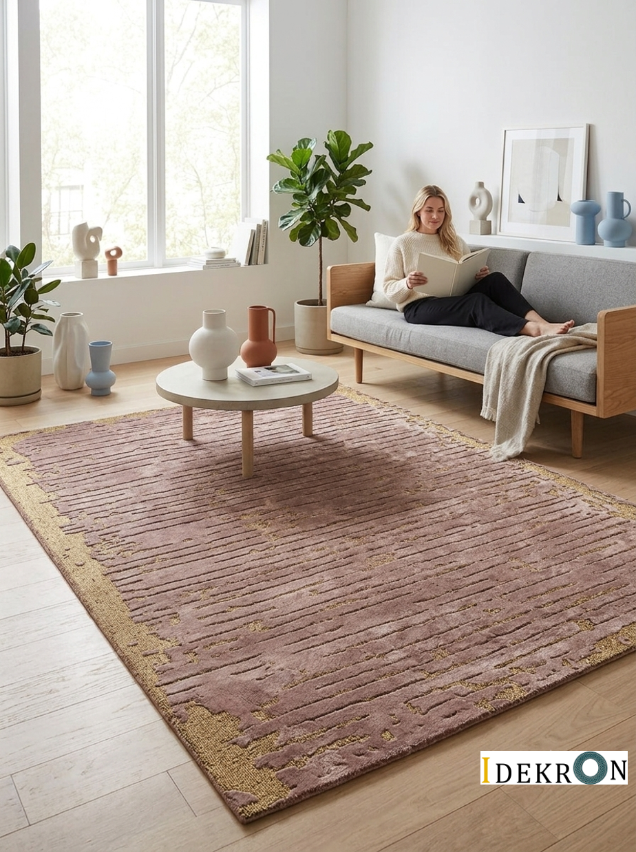 Handgetufter moderner Design-Teppich mit abstrakter Linientextur – Altrosa & Gold
