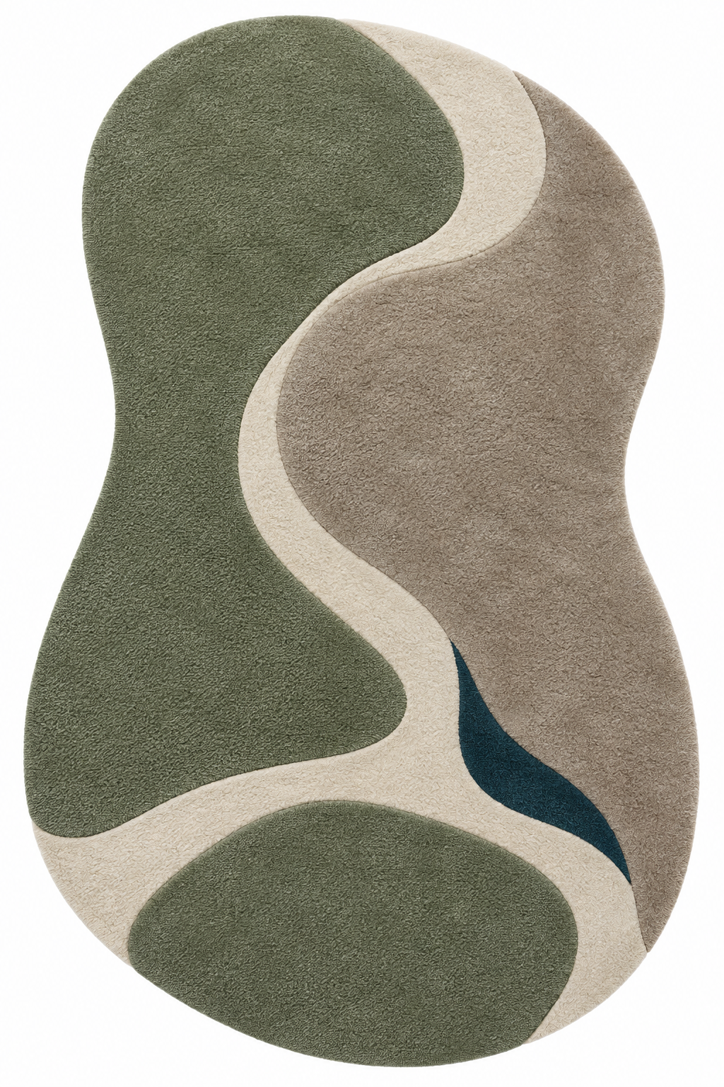 Genf Confluence in der Draufsicht: Wollteppich in freier Form in Olivgrün, warmes Taupe, Elfenbein und tiefes Petrol.
