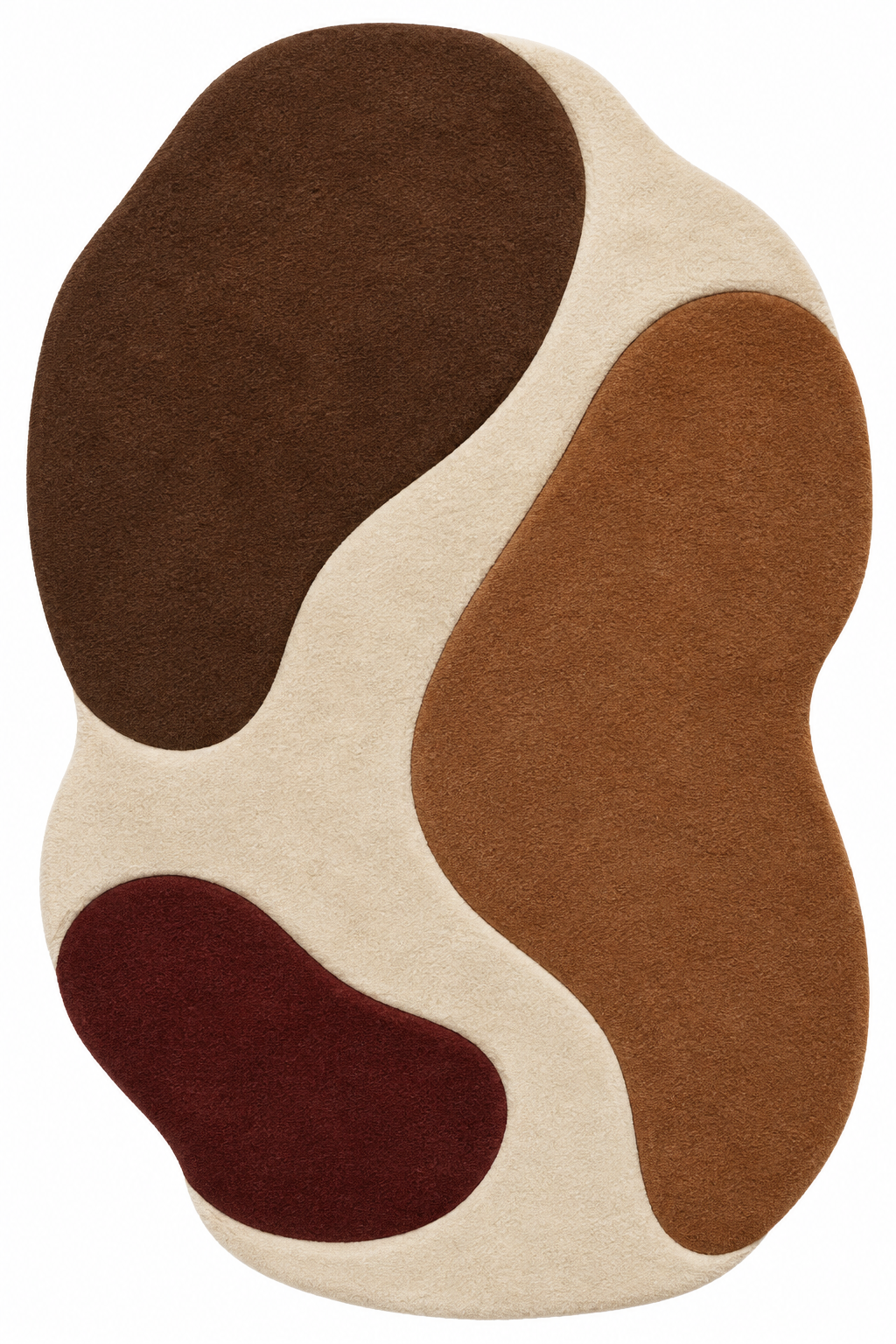 Genf Escalade Ember in der Draufsicht: Wollteppich in freier Form in Elfenbein, Kakaobraun, Zimtbraun und Ochsenblutrot.