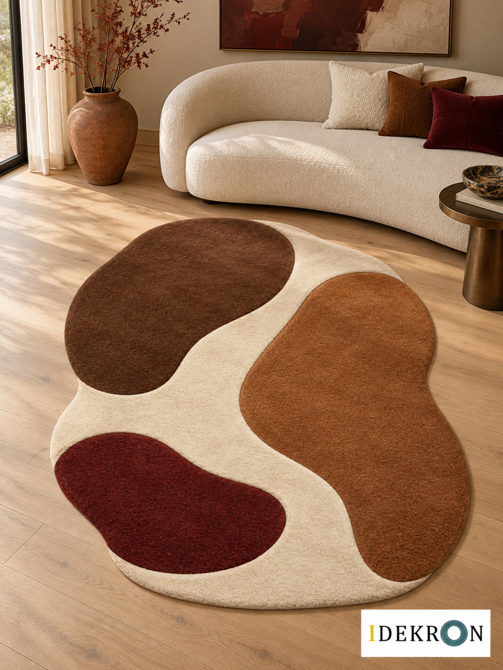 Genf Escalade Ember: handgetufteter Wollteppich in Elfenbein, Kakaobraun, Zimtbraun und Ochsenblutrot, im modernen Wohnzimmer mit abgestimmter Kunst.