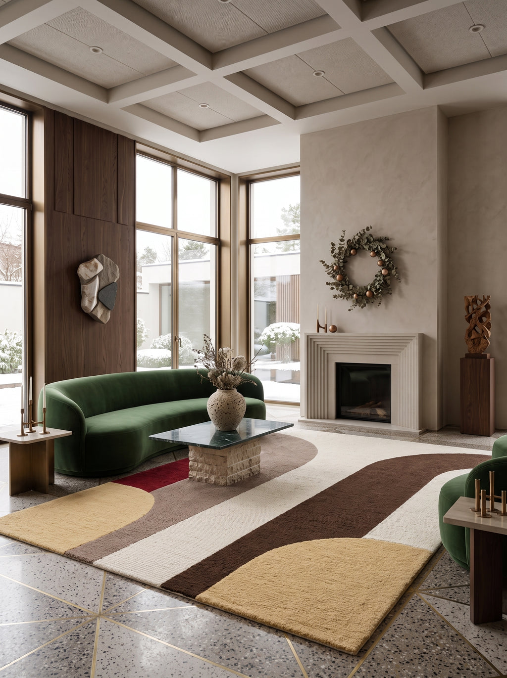 Lumen Arch Wollteppich mit elfenbeinfarbenem Grund und geschwungenen Bögen im Wohnzimmer mit grünem Sofa