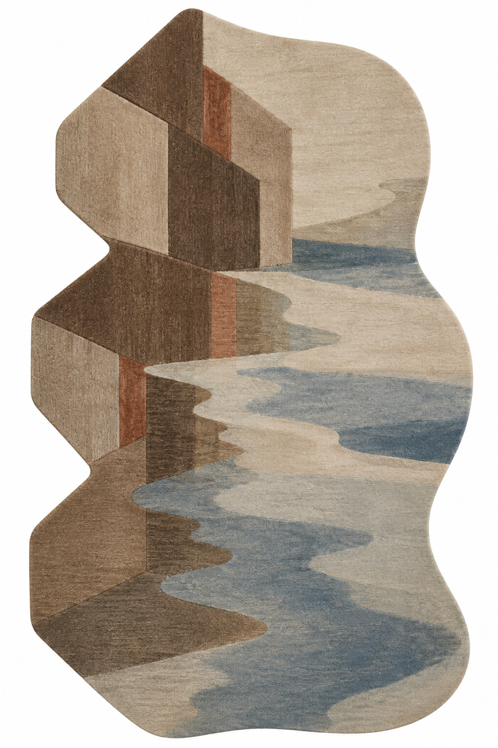 Luzern Gable Echo in der Draufsicht: Wollteppich in freier Form in Walnussbraun, Pergament, Taupe, gedecktes Blau und Rostrot.