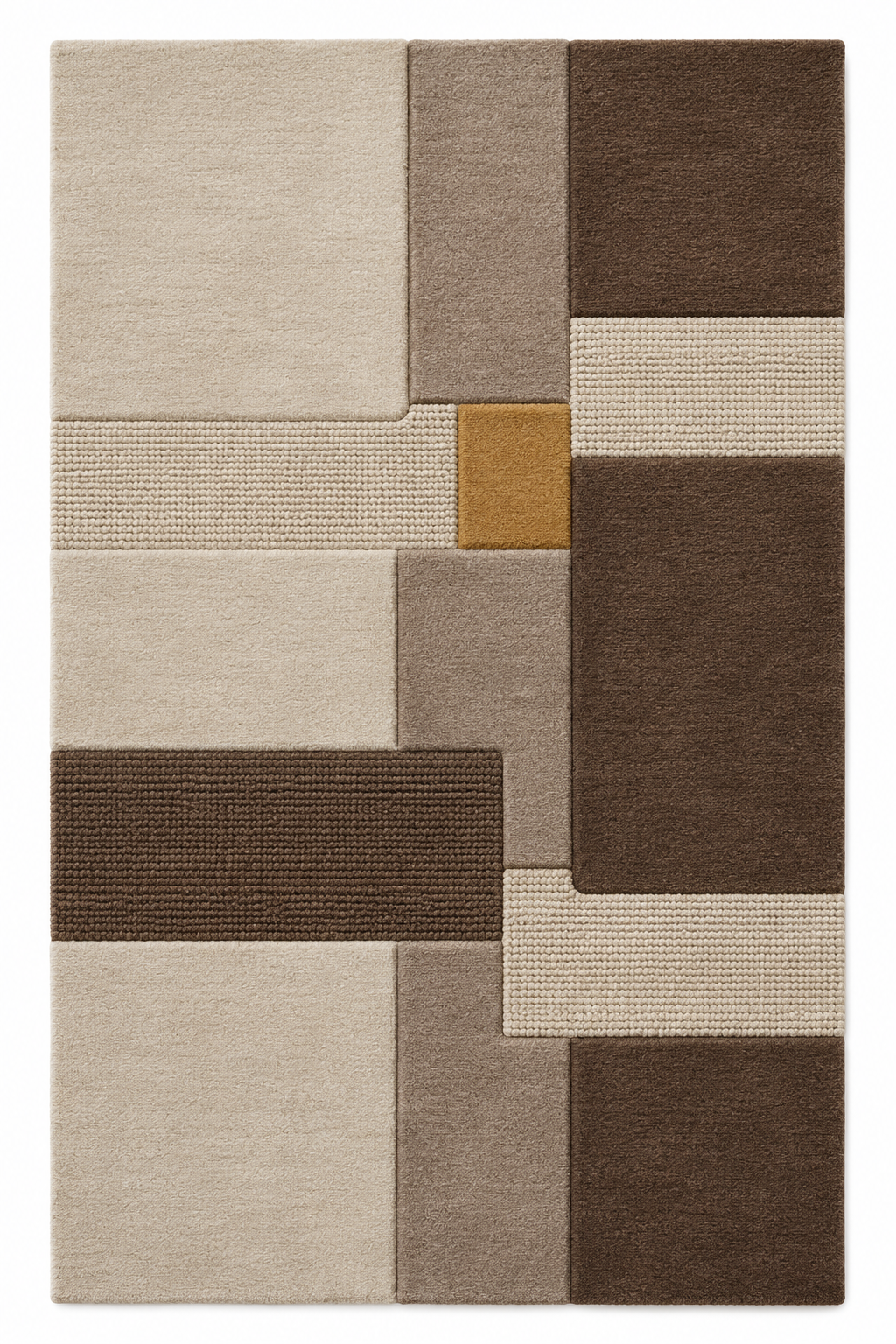 Zürich Guild Rhythm in der Draufsicht: rechteckiger Wollteppich in Elfenbein, Pilzbeige, Walnussbraun und gedecktes Goldgelb.