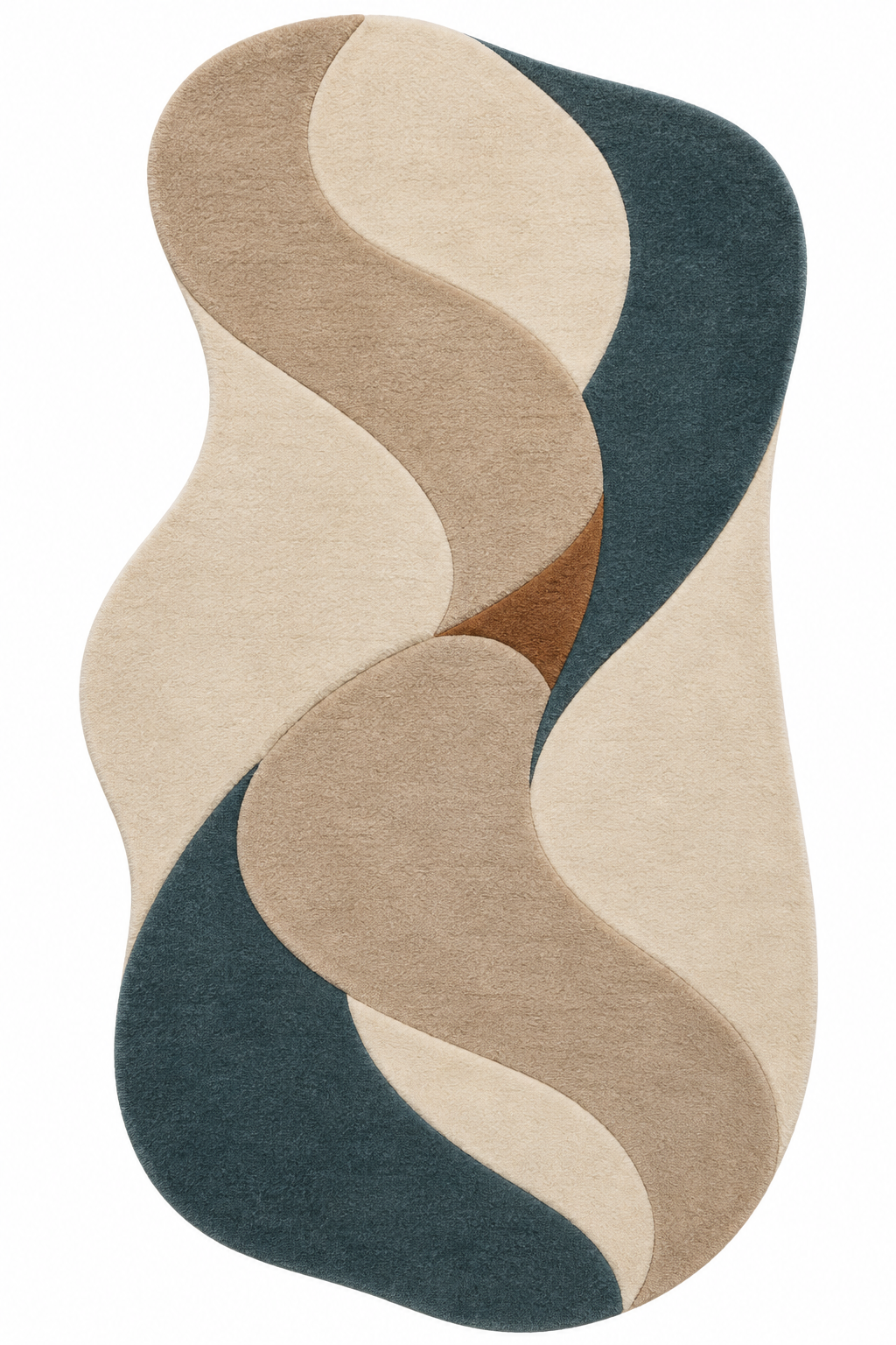 Zürich Silk Current in der Draufsicht: Wollteppich in freier Form in Elfenbein, Flachsbeige, Taupe, tiefes Petrol und Tabakbraun.