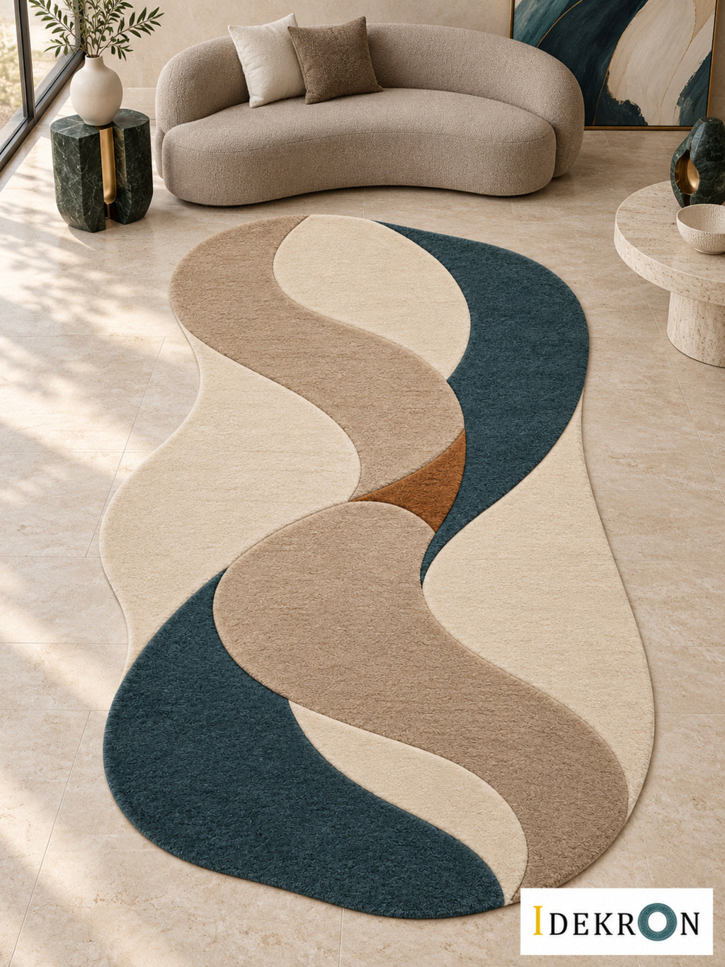 Zürich Silk Current: handgetufteter Wollteppich in Elfenbein, Flachsbeige, Taupe, tiefes Petrol und Tabakbraun, im modernen Wohnzimmer mit abgestimmter Kunst.
