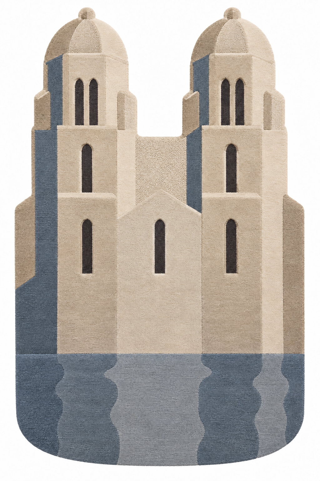 Zürich Twin Forms in der Draufsicht: Wollteppich in freier Form in Elfenbein, Kalksteinbeige, Taupe, Anthrazit und gedecktes Blau.