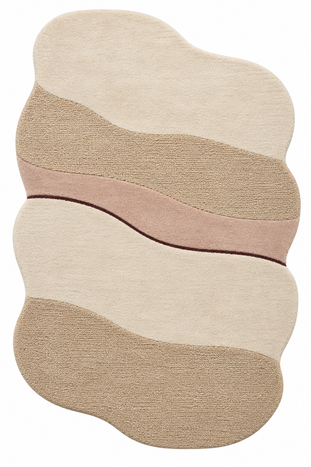 Zug Kirsch Layers in der Draufsicht: Wollteppich in freier Form in Creme, Biskuitbeige, Altrosa und dunkles Kirschrot.