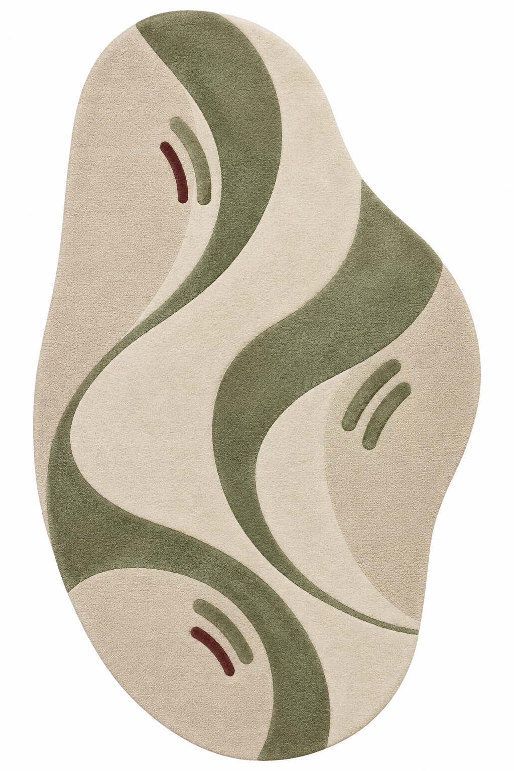 Overhead view of Zug Orchard Cadence: freeform wool rug in ivory, oat beige, olive green and burgundy.